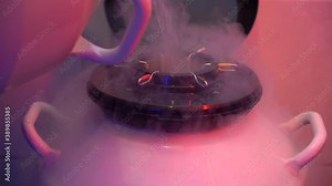 Scientist opens a Cryogenic container with medical samples and pour liquid nitrogen. Liquid Nitrogen in the Biotechnology Lab, sperm bank, cell search