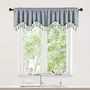 ELKCA Double-Sided Chenille Window Curtains Tier for Kitchen Silver Grey Scalloped Valance for Living Room,Pack of 2(Silver Grey, 52" W x 18" L)