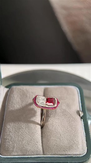 IVY Yavorskyy on Instagram: "Vivid Red Ruby & Diamond Gemini Ring An exceptional variation of the IVY Gemini model crafted in 18k gold, this ring features a matched pair of stones facing each other in perfect symmetry: a Vivid Red Ruby (unheated, 1.31 ct) from Mozambique and a Diamond (1.02 ct, VS1 clarity). Together they create a powerful dialogue of fire and light, framed in IVY’s signature architectural design. The double octagon layout is classically completed with a double spiky frame of Ru