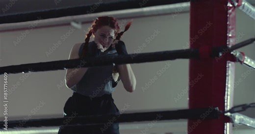 Shadow boxing in a moody gym captures the woman boxer's dedication and quick reflexes. Woman boxer during shadow fighting workout in a dark boxing gym. Cropped slow motion 4k footage.