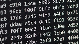 Code and numbers scrolling on computer monitor. Hacking activity analyzing source code. Hex header file numbers analysis for hacking purpose and decryption during Cyber War and cyber crime actions