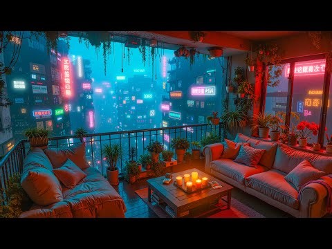 Lofi Rain Neon Balcony | Lofi Beats for Study, Sleep & Relaxation | Cyberpunk Vibes | 4K