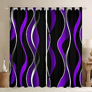 Feelyou Purple Grey and Black Stripe Blackout Curtain Boys Geometric Ombre Window Curtains Kids Swirl Lines Darkening Drapes Pastel Gradient Stripes Window Treatments, 2 Panels, 38 x 54 Inch