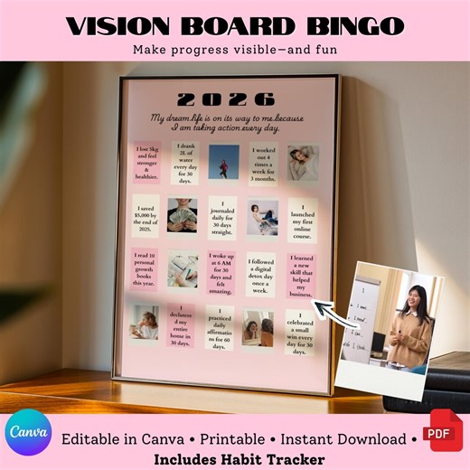 Vision Board Bingo 2026-2027 pour femme | suiveur de buts imprimable | Manifestez votre vie de rêve - Etsy France