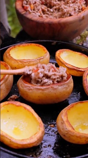 Stuffed Beef Potato Boats Cooked in Cast Iron Over Fire