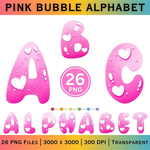 Pink Alphabet PNG, Glossy Bubble Letters, Pastel Printable Digital Set - Etsy