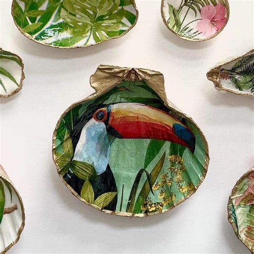 Tropical Decoupage Shell Trinket Dish, Palm, Gold Edge, Handmade Coastal Home Decor Accent, Ring Dish, Beach Gift, Jewelry Catchall, Coastal - Etsy