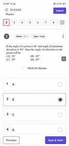 If the angle of a prism is 60° and angle of minimum deviation i... | Filo
