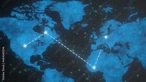 World map animated background. Neon world map connected by grid. Global Network and Business. Modern Communication Technology. Connections between different countries. 3D rendering motion graphics