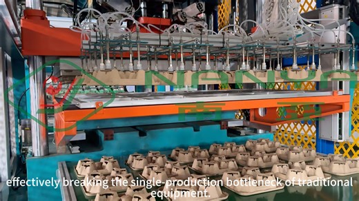 This cup holder rotary production line is with fully automatic hot press system at end of dryer. When the dry products go to hot press on the end of dryer, the products will go to the accurate positions and then get hot pressed. By changing mould, the same machine can make egg trays/egg cartons/fruit trays and shoe trays and other short height products. | Guangzhou Nanya Pulp Molding Equipment Co., Ltd.