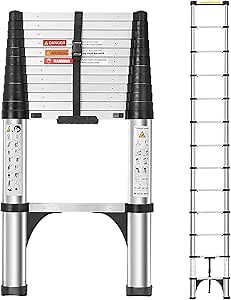 Telescoping Ladder,12.5 FT Aluminum One-Button Retraction Lightweight Ladder with 2 Triangle Stabilizers,Heavy Duty 375 lbs Max Capacity,Ideal for Home, RV, and Outdoor