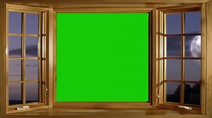 Animated winter scene through window with a green screen, moving moon, opening box and snow falling