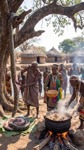 Tsonga Tribe Butchering: Giant Python! 🐍😱 #tribalcooking #triballife