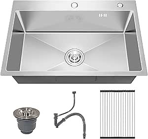 33x22 Inch Topmount or Drop In Kitchen Sink Worktation, Stainless Steel Single Bowl Sink with Drainpipe for RV, Prep Kitchen