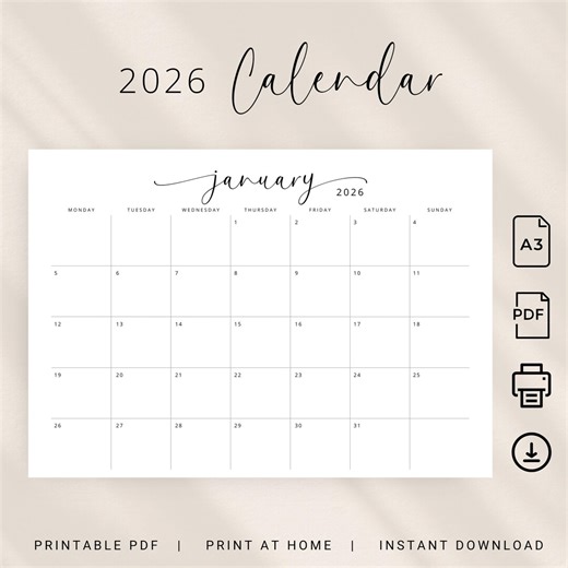 A3 2026 Calendar 2026 Planner A3 Landscape Monthly Calendar 2026 Wall Calendar Horizontal A3 PRINTABLE PDF Sunday & Monday Start Elegant - Etsy Australia