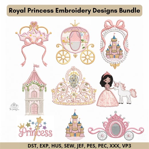 Royal Princess Embroidery Designs Bundle | Princess Machine Embroidery Files | Crowns Castles Carriage - 5 Sizes / 9 Formats PES DST.... - Etsy