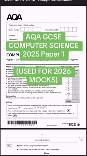 ALL 2025 EXAM PAPERS AVAILABLE (USED FOR MOCKS) on Instagram: "AQA GCSE COMPUTER SCIENCE PAPER 1 2025 #computerscience #ocr #paper1"
