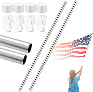 Gisafai 2 Pcs Aluminum Color Guard Flag Pole 6 ft Silver Color Guard Flag Pole Sets with 4 Plastic White End Cap 4 Fastener Strips for Silk Flag Outdoor Lightweight Standard Practice