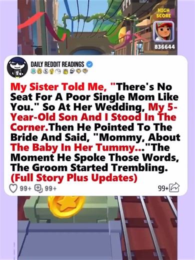 27K views · 415 reactions | My Sister Told Me, "There's No Seat For A Poor Single Mom Like You." So At Her Wedding, My 5- Year-Old Son And I Stood In The Corner. Then He Pointed To The Bride And Said, "Mommy, About The Baby In Her Tummy..."The Moment He Spoke Those Words, The Groom Started Trembling.#reddit #redditstories #storytime #redditreadings #askreddit | Yeti45 | Facebook