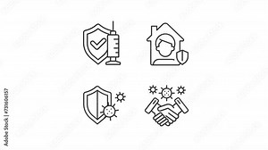 Epidemic line animation library. Animated icons related to disease prevention measures. Public health. Black illustrations on white background. HD video with alpha channel. Motion graphic