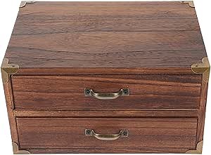 Kichvoe Vintage Wooden Drawer Storage Box with 2 Drawers Compact Desktop Organizer Cabinet for Office Supplies Jewelry Makeup and Home Desk 9.44X7.08X5.11 Inches