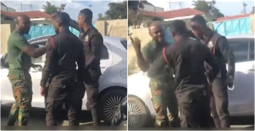 Watch as two police officers engage in heated brawl with a soldier
