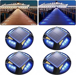 Solar Driveway Deck Lights, 4 Pack 2 Colors In 1 Solar Dock Lights Outdoor IP68 Waterproof Led Withstand Voltage Marine Marker Step Lights for Sidewalk, Stair Pathway Lawn Yard(Blue/Cool White)