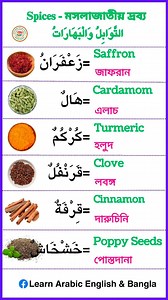 Learn 6 Spices in Arabic | English | Bangla 🌶️🔥 Want to speak Arabic like a native? 🇸🇦 Here are 6 common spices with Arabic pronunciation, English & Bangla meaning! 🧂 Saffron | Cardamom | Turmeric | Clove | Cinnamon | Poppy Seeds 🌿 📖 Follow for daily Arabic-English-Bangla vocabulary & make learning fun and easy! 🚀 #LearnArabic #ArabicVocabulary #SpicesNames #ArabicLearning #BanglaToArabic #EnglishToArabic #EducationalReels #LearnWithFun #ArabicWords #LanguageLearning #LearnArabicBangla #