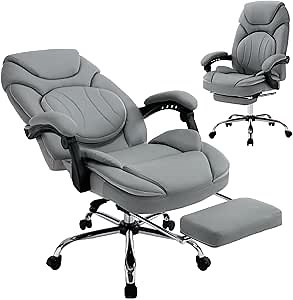 Wide Seat Recliner Office Chairs with Lumbar Support Footrest PU Leather Reclining Office Desk Chair with Wheels for Women, Executive Chairs 400lbs (Gray)