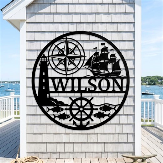 Custom Nautical Metal Sign: Lighthouse, Ship, Compass, Name Decor - Etsy