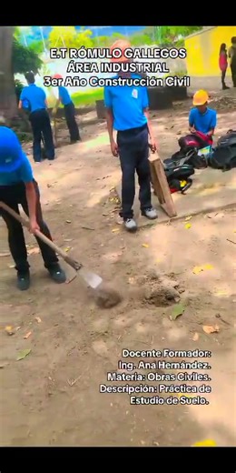 3er Año construcción Civil Obras civiles y suelo Práctica de suelo: -Toma de muestra en campo. -Tamizado. -Ensayo granulométrico -Explicacion de tipos de suelos aptos para construcción. -Porcentajes de Humedad. -Tipos de suelo. -Suelo Franco. Profesora Ana Hernández. | ET Romulo Gallegos