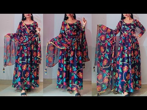Beautiful georgette long dress cutting & stitching | long frock cutting stitching in just 10 minutes