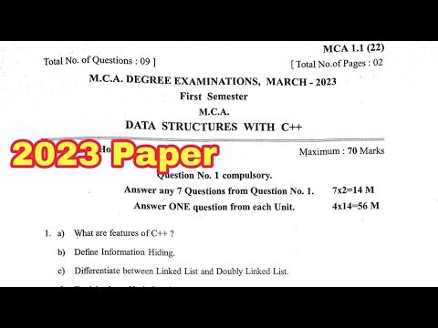 1sem MCA Data Structures with C++ Question Paper 2023 || 1st Year 1sem MCA Degree Examinations 2023