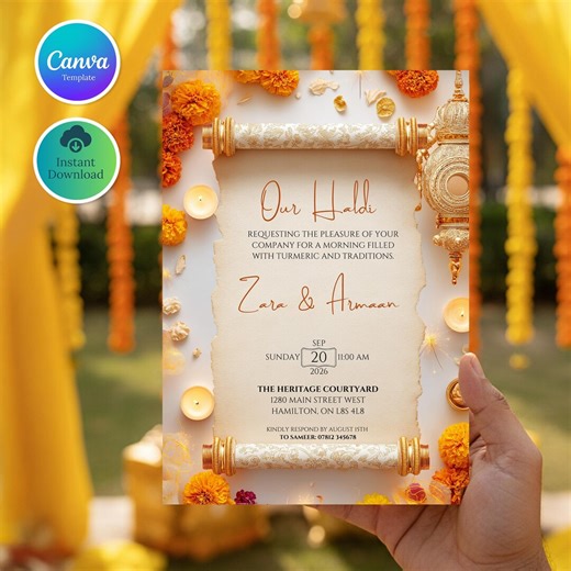 Haldi Invitation Template, Indian Wedding Invite, Hindu Wedding Haldi Ceremony, Canva Editable Invite, Yellow Saffron Haldi Invitation - Etsy