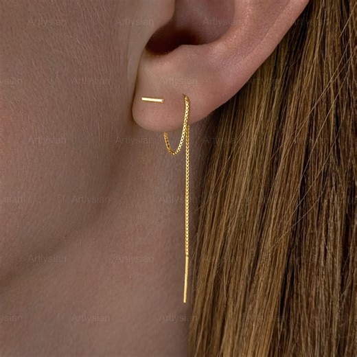 Threader Earrings Bar, Gold Threaders, Helix Chain Earrings, Thread Through Earrings, Minimalist Earrings Double Piercing Earrings Ear Chain - Etsy