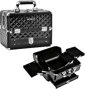 VETALLO Large Makeup Train Cases with Bottom Drawer, Professional Makeup Case Organizer I Makeup Travel Case I Portable Make Up Case I Makeup Case Organizer I Makeup Box Organizer I Black, HX-001