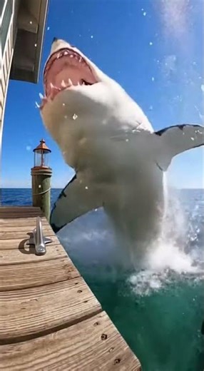 A great white shark suddenly bursts