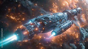 A spacecraft with glowing blue electric propulsion flies through a fiery nebula, leaving a trail of blue exhaust in its wake.