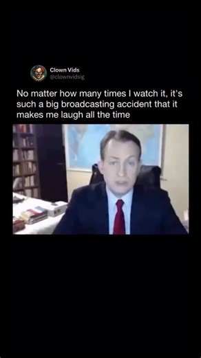 @clownvids on Instagram: "This clip captures the now-famous moment during a live BBC News interview when Professor Robert Kelly’s children hilariously interrupt his segment from his home office. As the professor is seriously discussing South Korean politics, his young daughter confidently marches into the room, followed shortly by his younger child rolling in with a walker, creating a perfect example of live broadcasting chaos. The best part is the frantic, but equally hilarious, attempt by his 