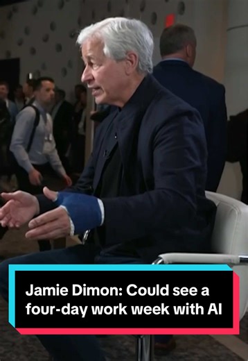 JPMorgan Chase CEO Jamie Dimon tells Bloomberg's Lisa Abramowicz how his company uses AI, and that AI could create a four-day work week in the future. #tech #AI #business #jobs #work