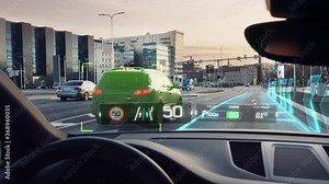 Futuristic Autonomous Self-Driving Car Moving Through City, Head-up Display HUD Showing Infographics: Speed, Distance, Navigation. Road Scanning. Driver Seat Point of View POV / First Person View FPV