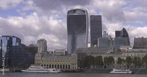 Time lapse panning view of the skyline of the City of London across the river Thames