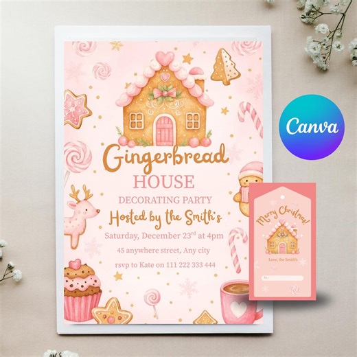 Gingerbread House Decorating Party Invitation - Christmas Holiday Invite, Editable 5x7 Canva Template, Festive Kids Party Download - Etsy UK