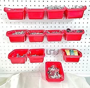 Removable Pegboard Bins with Hooks – 12 Peg Board Wall Mounted Storage Bins for Garage Workbench Organizer and Craft Room Wooden Pegboard – Heavy Duty Portable Bins Each Hold 3+ Lbs (Red)