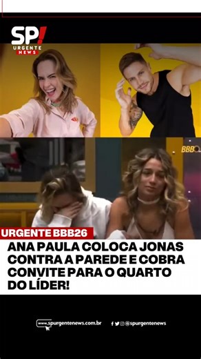 SP Urgente News on Instagram: "ANA PAULA COLOCA JONAS CONTRA A PAREDE E COBRA CONVITE PARA O QUARTO DO LÍDER! 👁️ O movimento de aproximação entre os dois parou o pay-per-view! Ana Paula mostrou que tem o plano de dormir no maior conforto e perguntou na cara do Jonas se ela estaria na lista de convidados para o quarto real. O líder ficou naquela saia justa, mas o sorriso não enganou ninguém! 👁️⚡ Na web, o movimento de comentários é um só: será que é estratégia ou o coração está falando mais alt