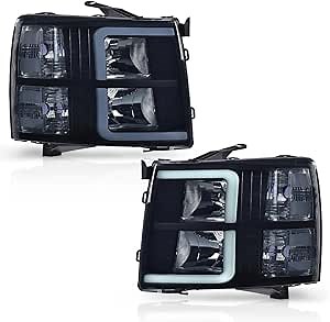 PIT66 LED DRL Tube Projector Headlights w/o Bulb Compatible with Chevy Silverado 1500 2007-2013/2500HD 3500HD 07-14,Not Fit 2007 Old Body Classic Headlamps Smoky Lens Black Housing Clear Reflector
