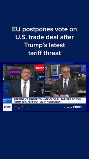 Europe has warned that trade deals struck with the U.S. could now be at risk after President Donald Trump unveiled a new global 15% tariff on all imports at the weekend. Trump's move came after the U.S. Supreme Court on Friday struck down his global tariffs policy, implemented last spring, that had upset the long-standing global trading order. Read more: cnb.cx/3OGDQEW | CNBC