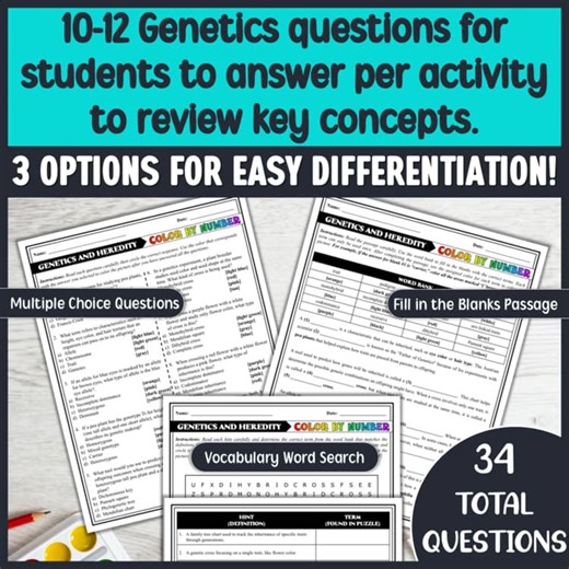 Genetics and Heredity Vocabulary Color by Number | Review Worksheets Activity 2