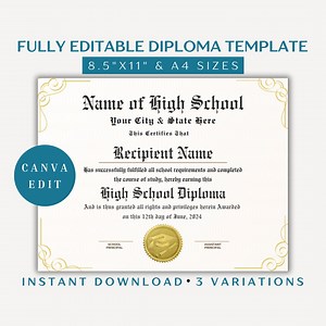 Editable High School Diploma Template: Canva Printable (digital Download) - Etsy