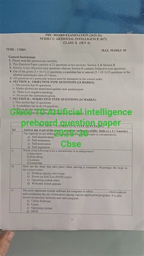 class 10 Ai preboard question paper 2026 | cbse board exam 2026 | artificial intelligence class 10